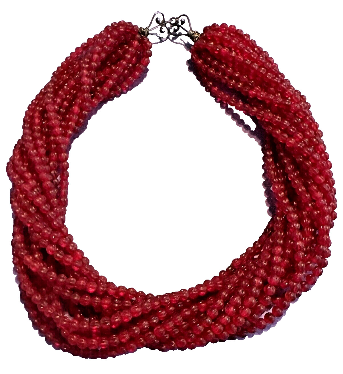 Necklace Red Multi strand Textured Bead Heart Clasp Statement 16″ Stunning Vtg