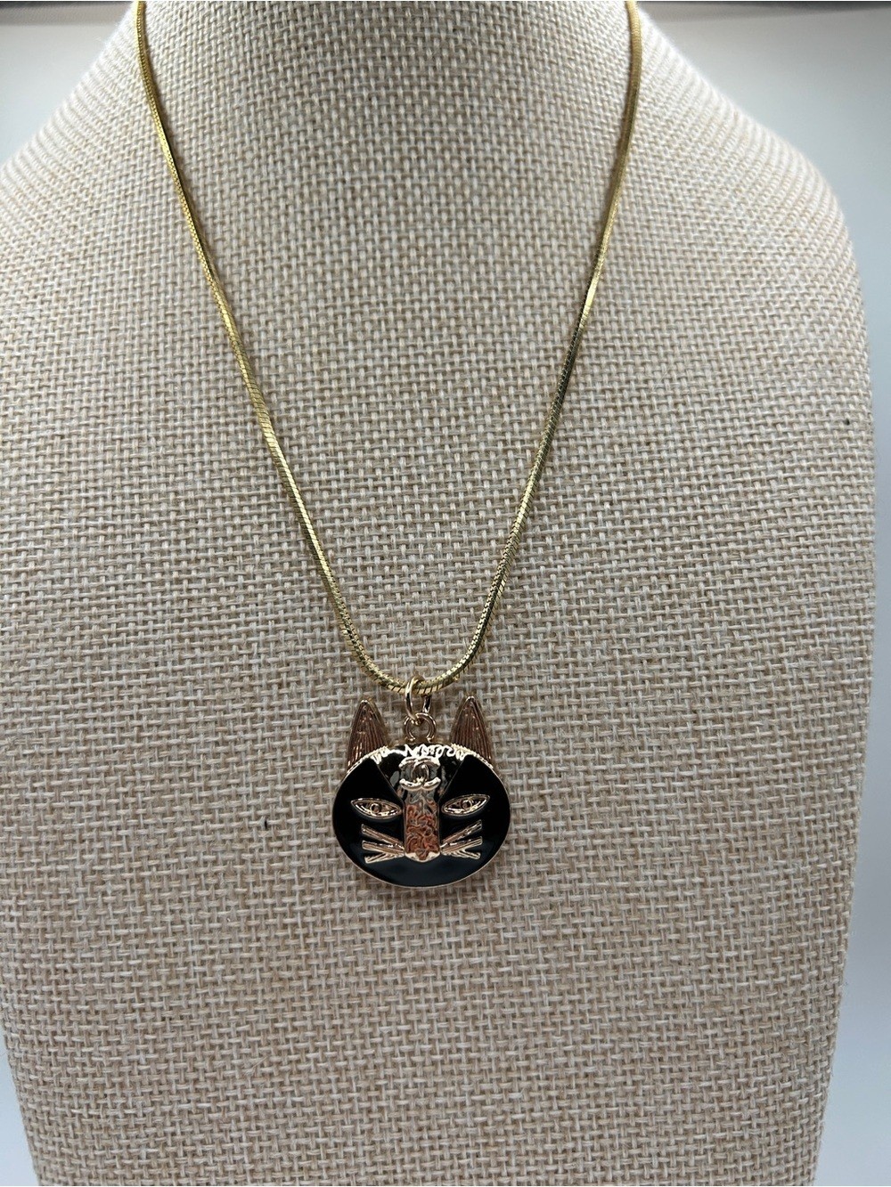Chanel gold and black enamel Cat Pendant Necklace on gold chain