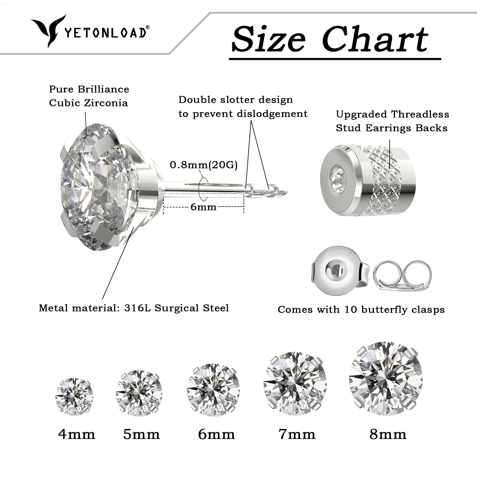 5 pairs Push-in Flat Back Stud 4mm, 5mm, 6mm, 7mm, 8mm, Silver-4/5/6/7/8/mm