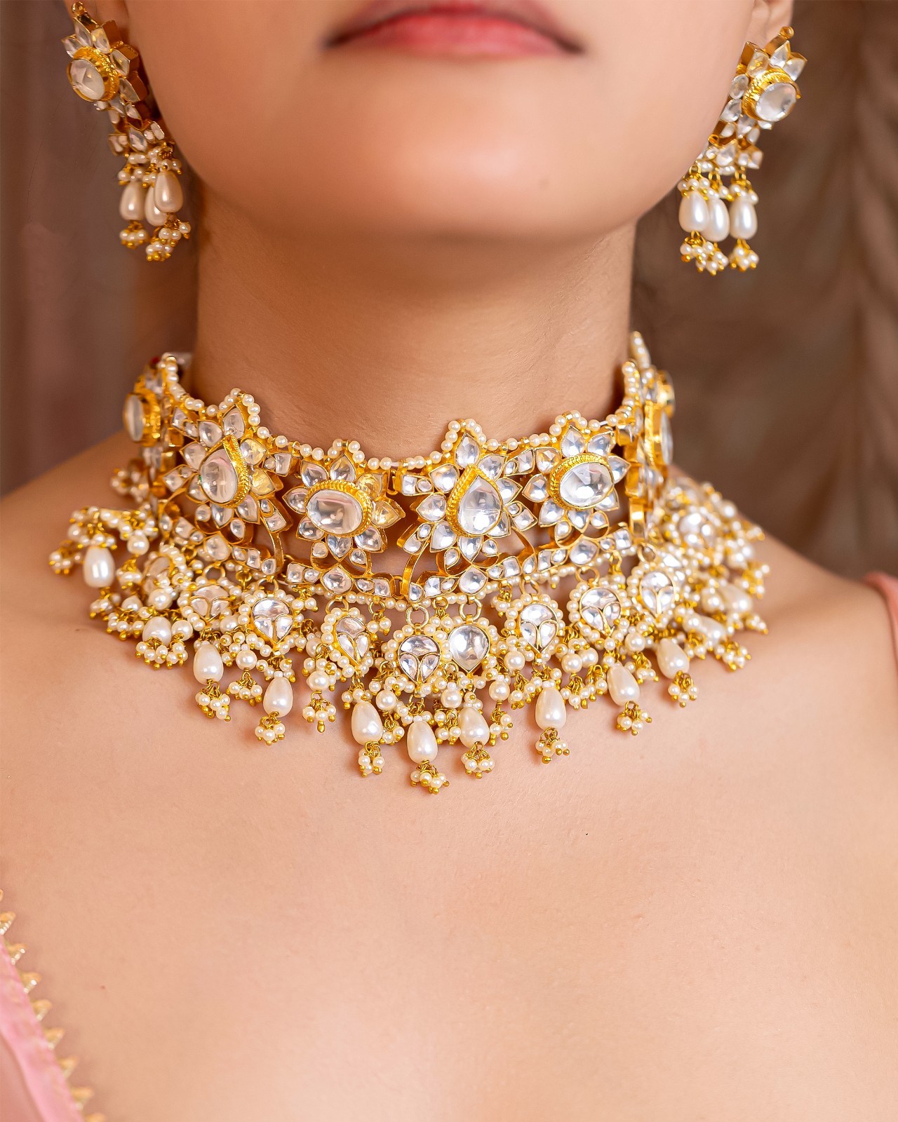 Indian Kundan Bridal Choker Necklace Set Gold Plated Pearl Wedding Jewelry