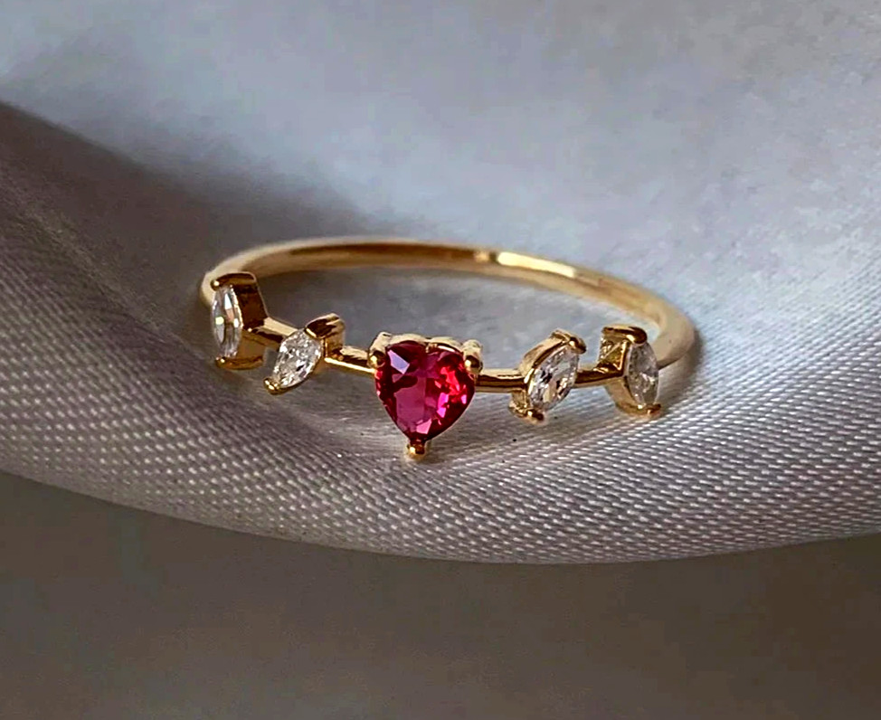 Five Stone 0.35TCW Simulated Ruby & Moissanite Pure 10K Yellow Gold Wedding Ring