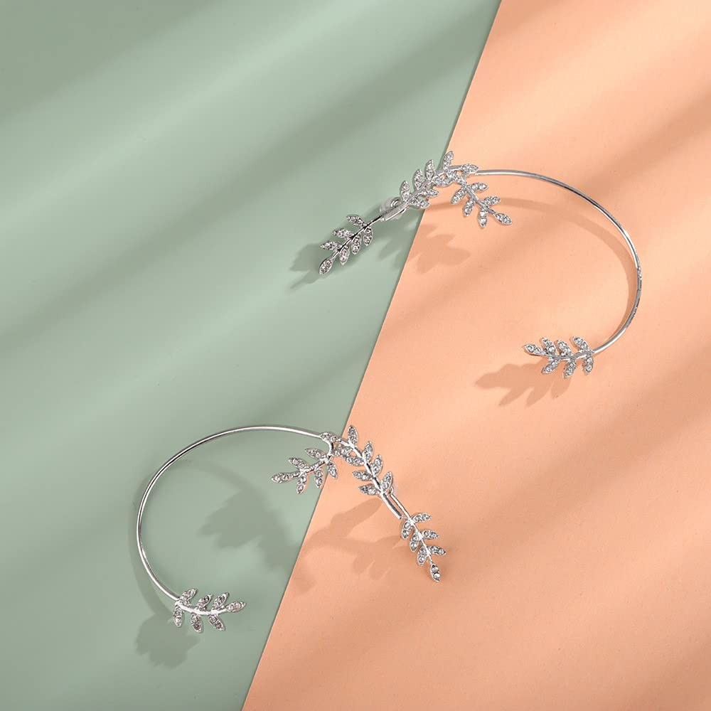 Jumwrit Rhinestone Ear Cuffs Leaf Jacket Climber 5.5cm x 3.5cm, Silver