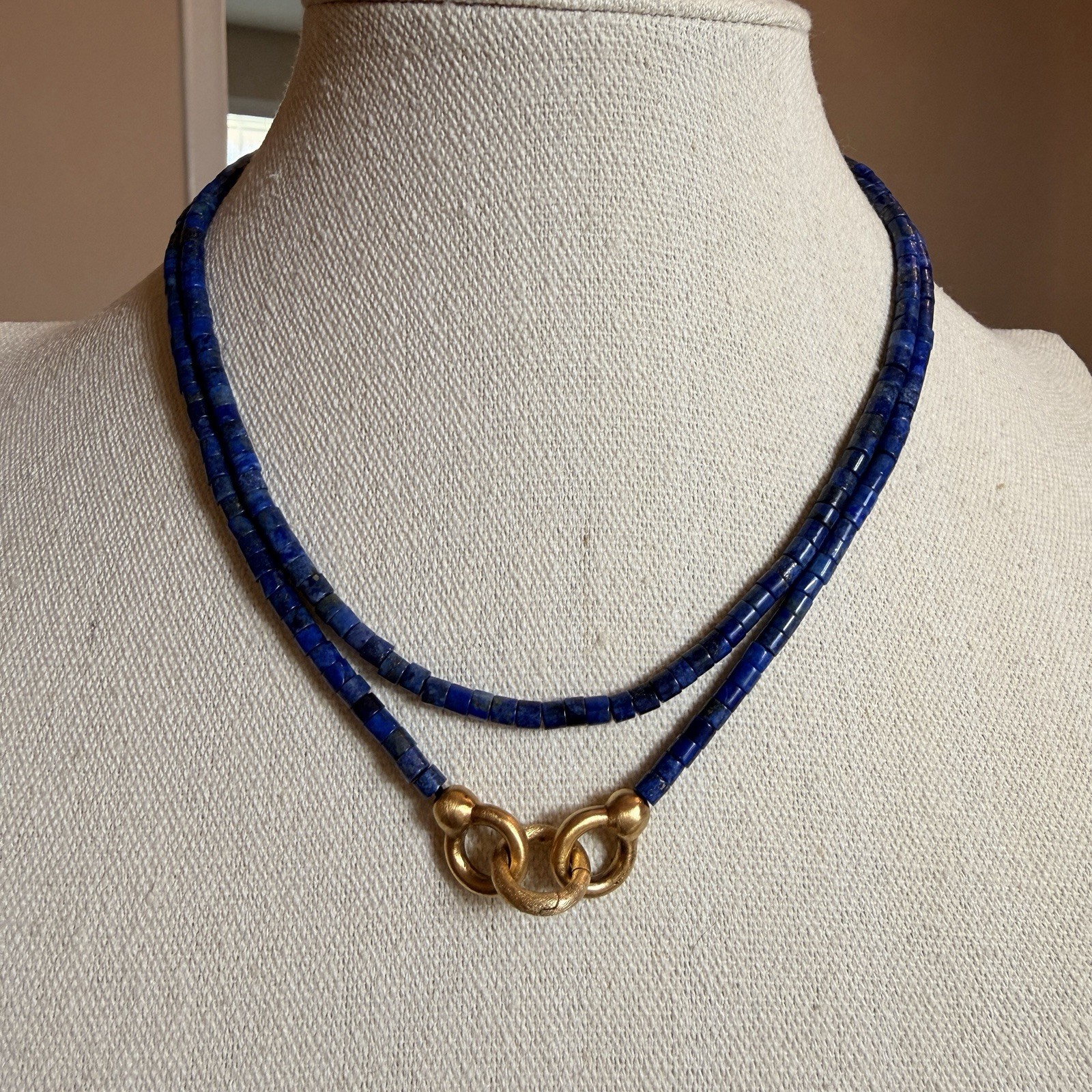 Long Natural Lapiz Beaded Necklace Gold Plated 925 Charm clasps