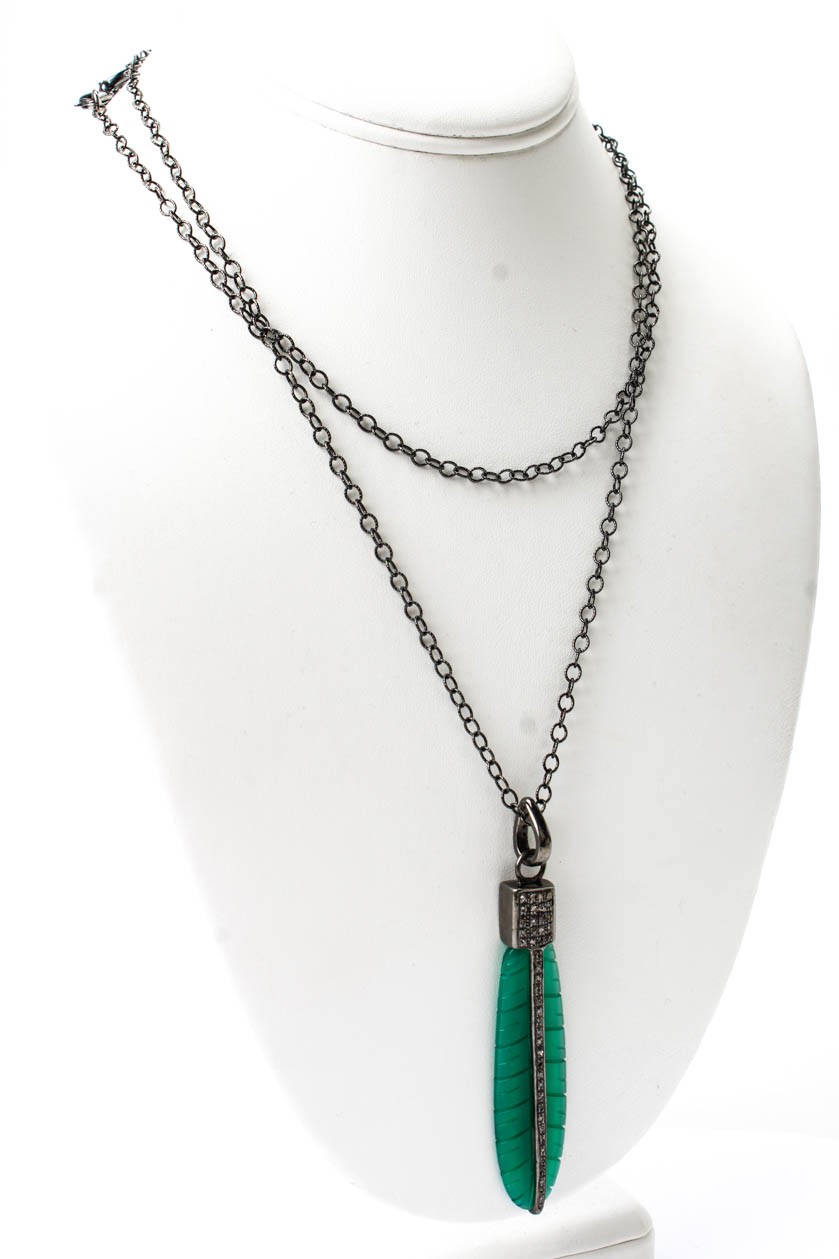 Shay Womens Silver Tone Chalcedony + Diamond Feather Pendant + 925 36″ Chain