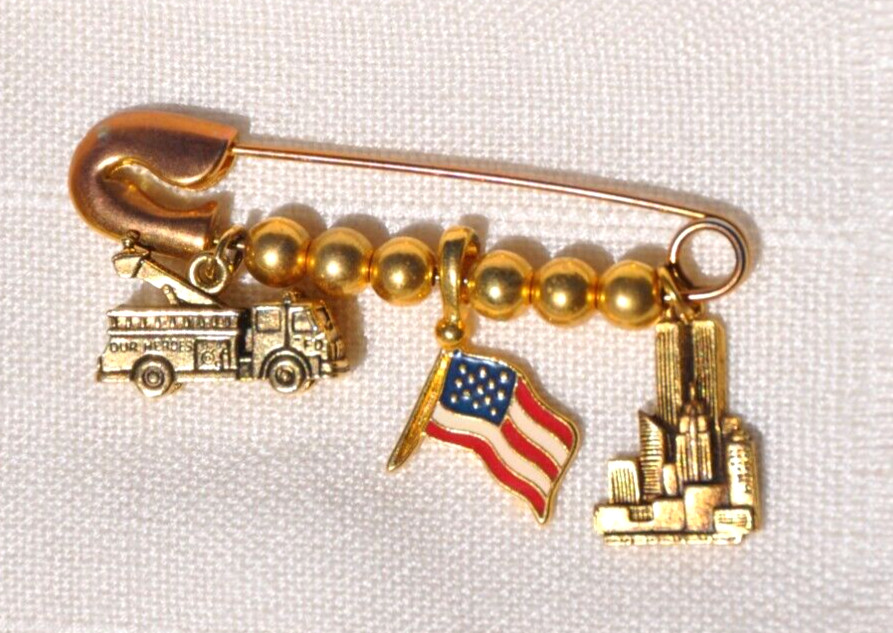 VINTAGE 9-11 WORLD TRADE CENTER MEMORIAL PIN, CHARMS DANGLE, FLAG FIRE TRUCK
