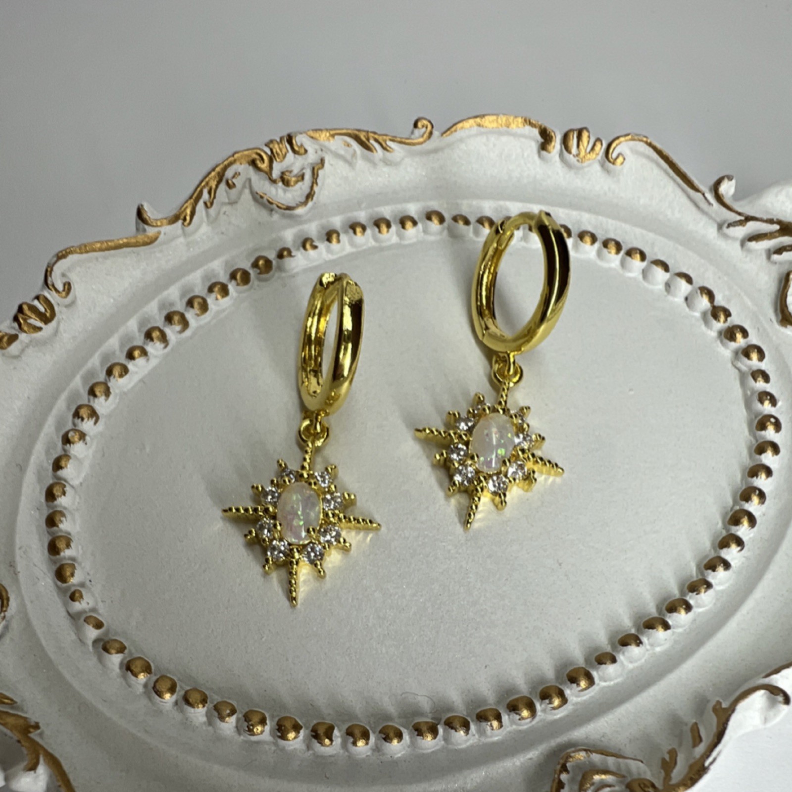 Gold Plated Star Opal Dangle Hoop Earrings, White Crystal, Prong Setting