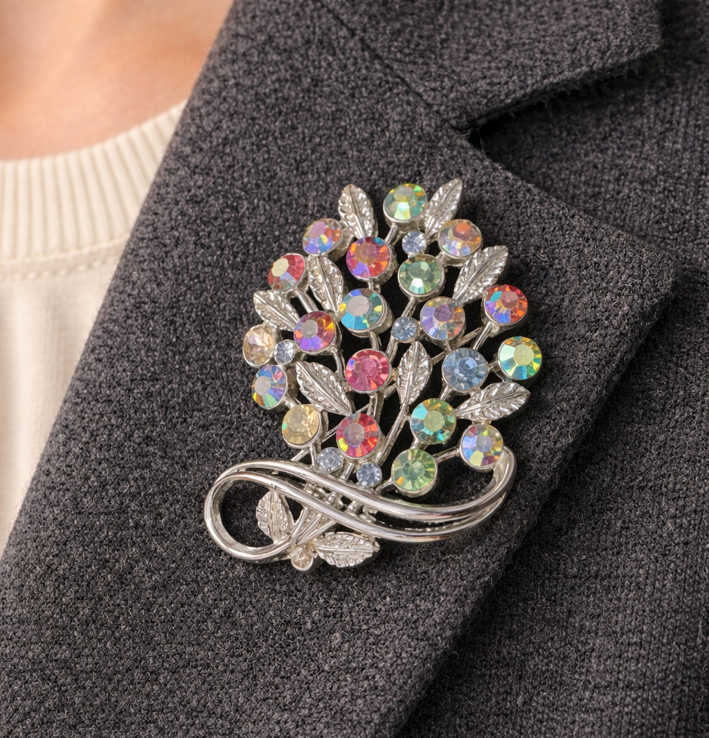 Lisner AB Rhinestone Brooch Pink Green Silver Tone Signed Vintage Floral Pin