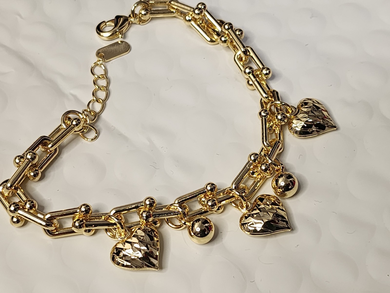 14k Gold Layered Hardware Charm Bracelet With Extender. 6-8in