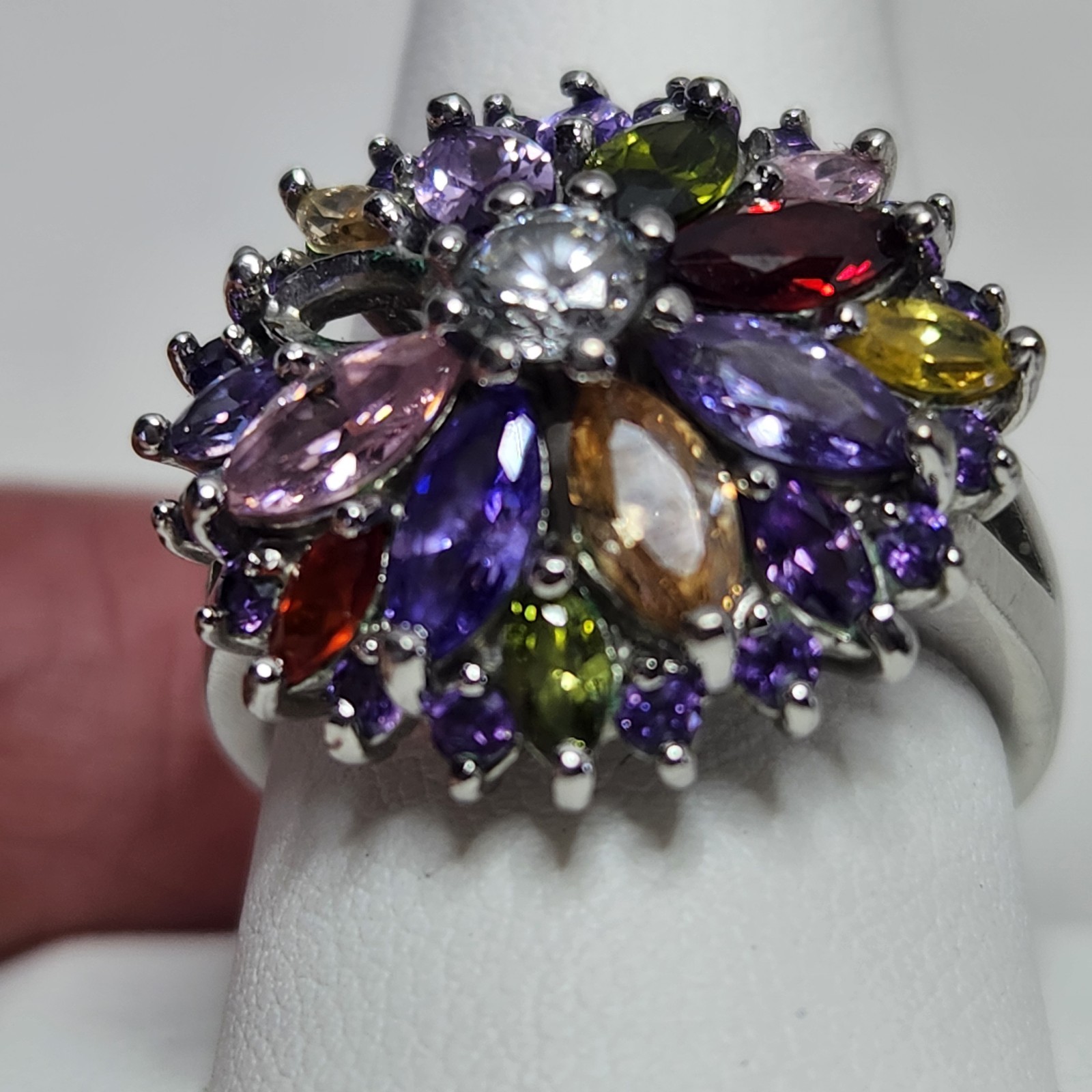Marquis Flower 925 Plated Ring CZ Garnet Tourmaline Stones Sz 10.5 Missing Stone
