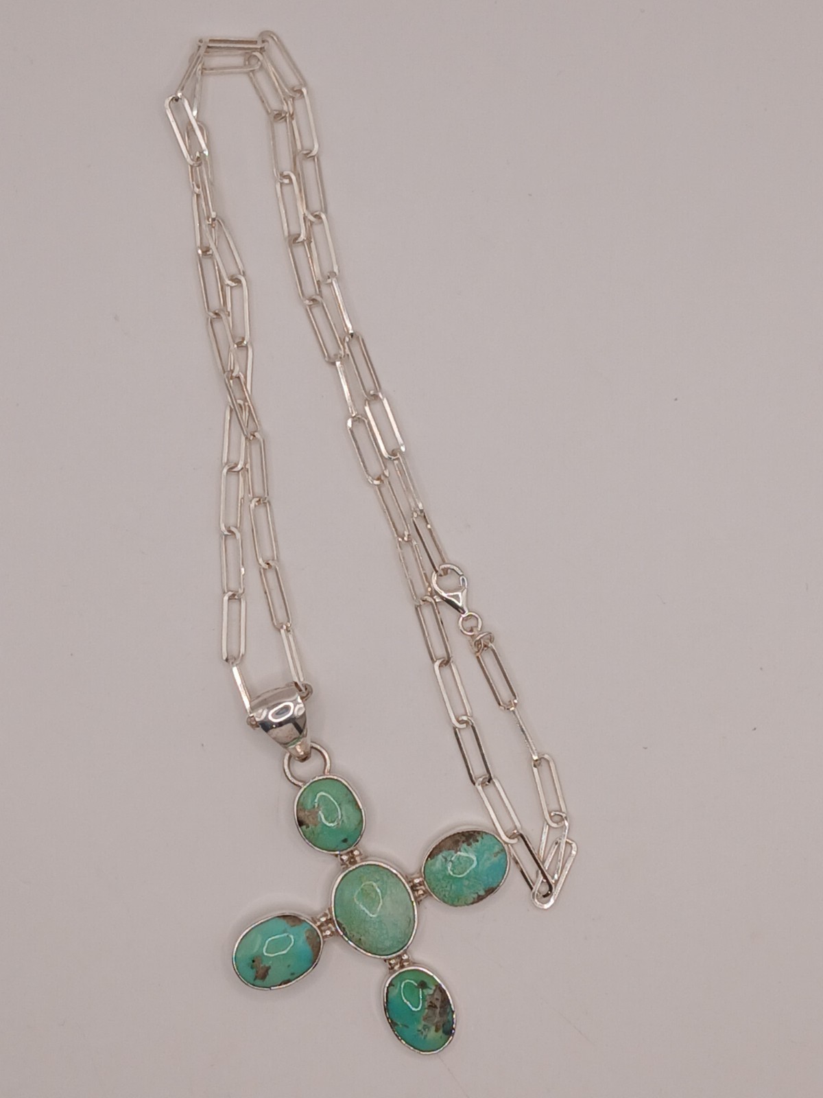 Sterling Silver 925 Paperclip Chain Natural Green Turquoise Cross Pendant 24in