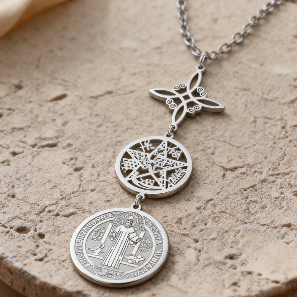 Stainless Steel Triple Protection Necklace Pentagram St Benedict Pendant