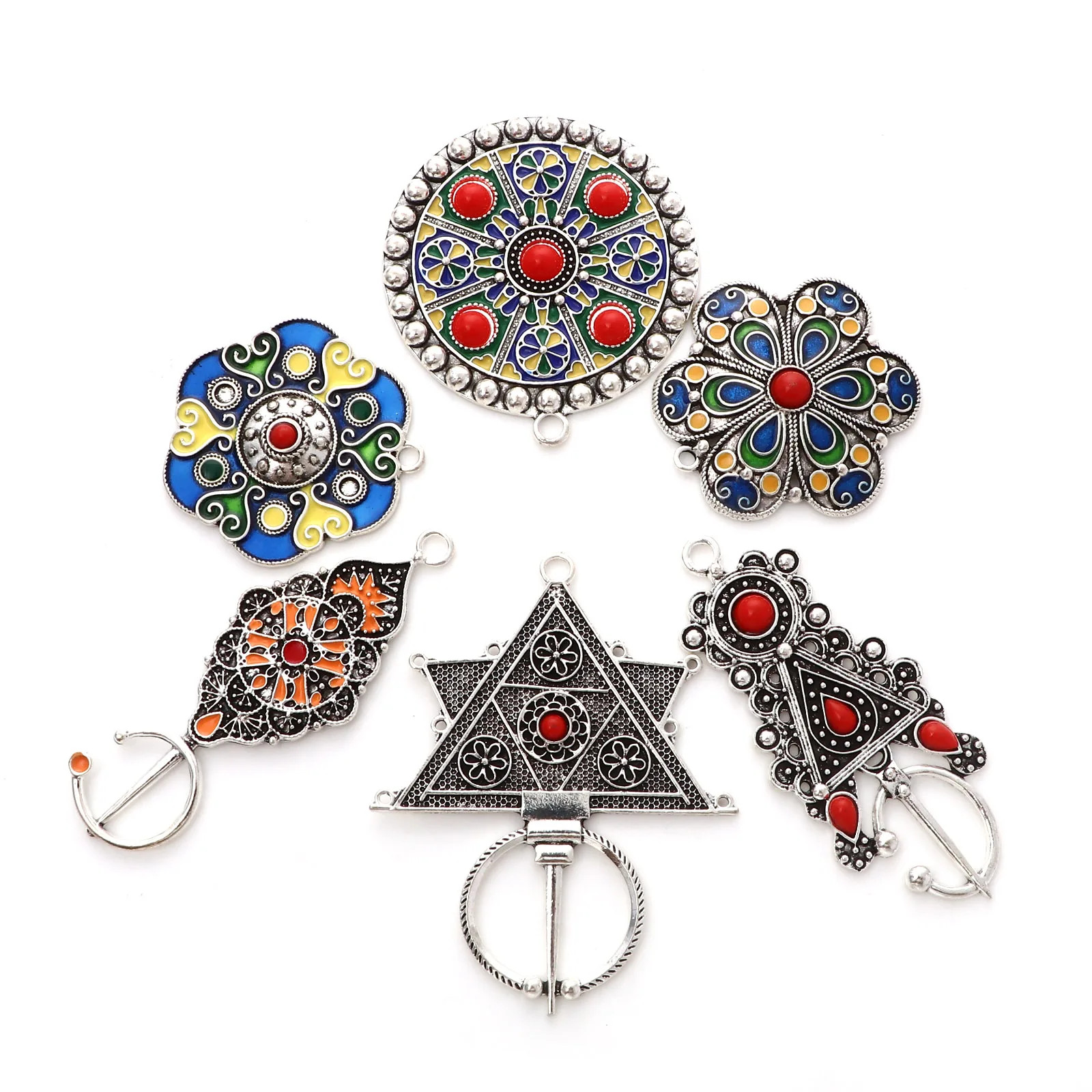 2PCs Bohemian Ethnic Pendants Antique Color Multicolor Enamel Flower Roun
