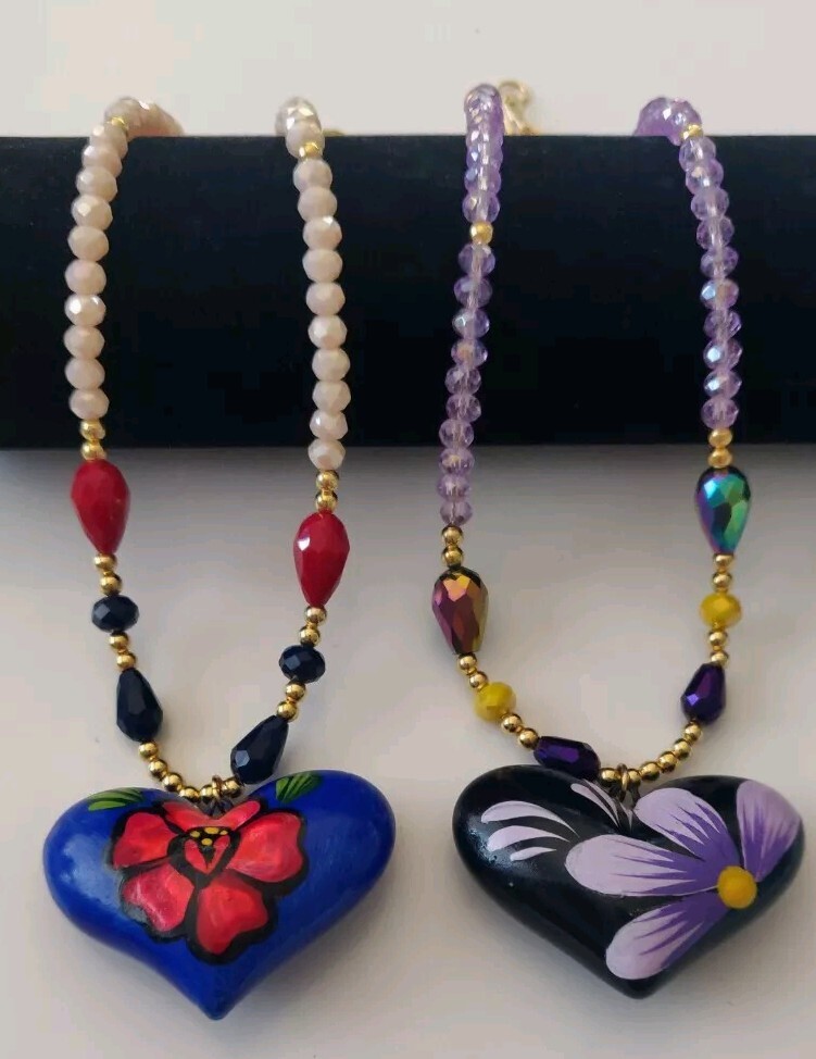 collar artesanal mexicano, Lote de 12 Pz, corazon hand made, cristal y chapa.