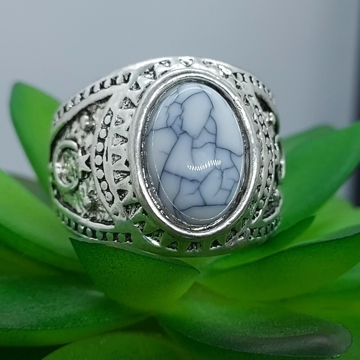 316L Stainless Steel Jewelry Bohemian with Stone White Marble Ring US Size 10.5