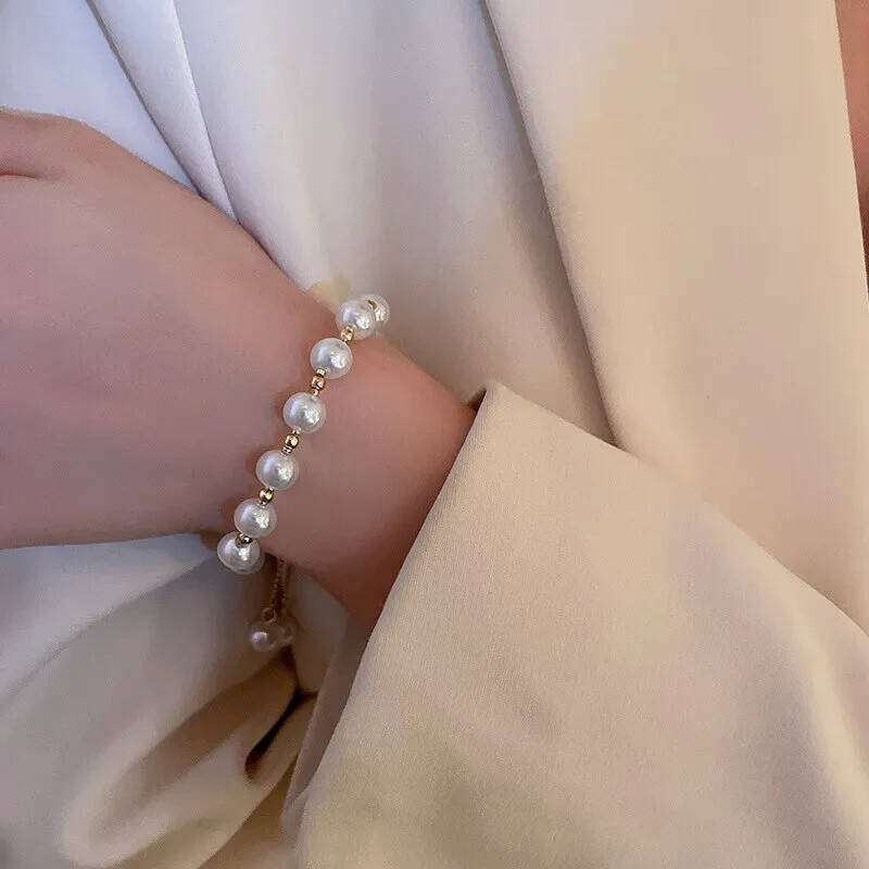 14k Yellow Gold Plated Lariat Style Bracelet Simulated White Pearls Adjustable