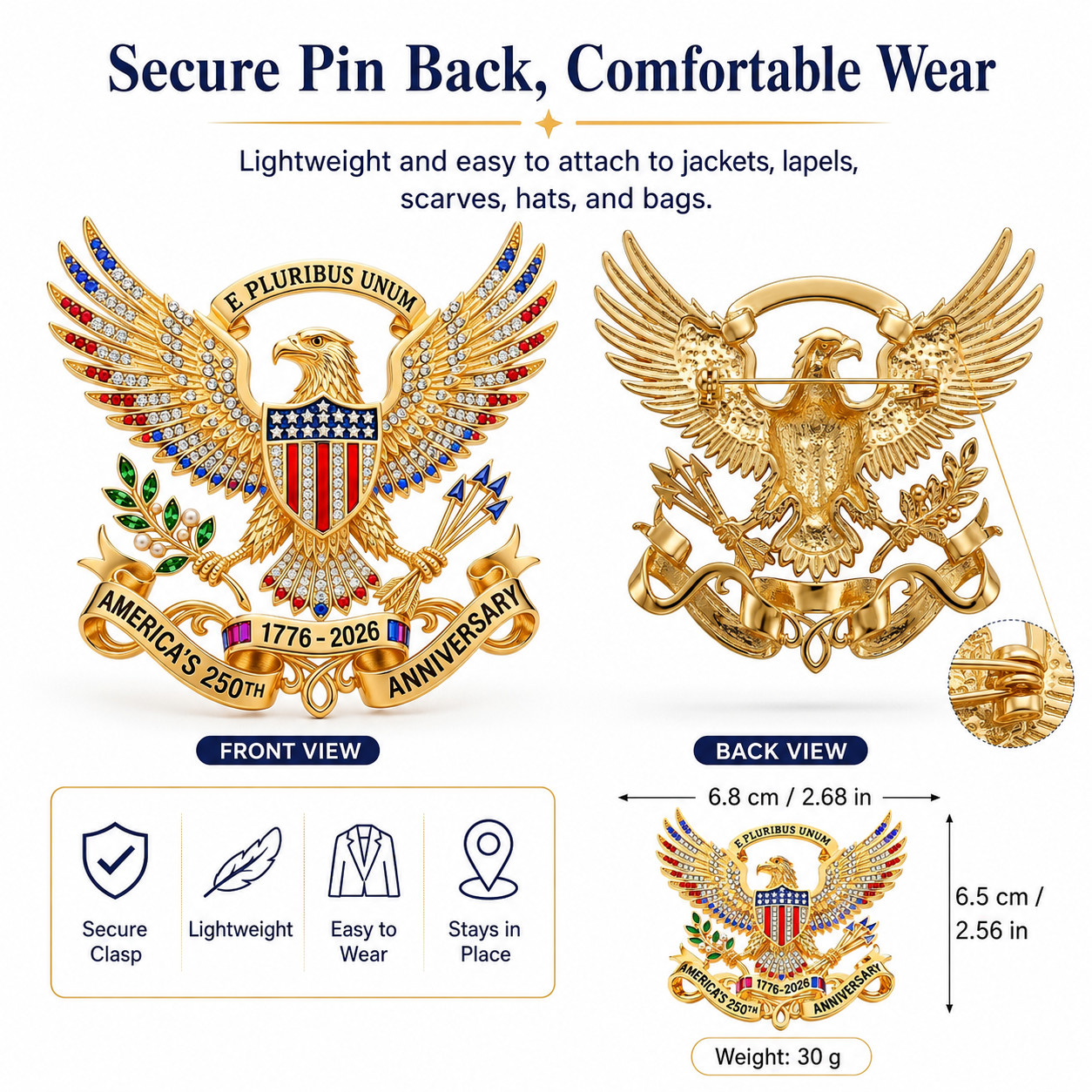 US 250th Anniversary Brooch Pin, Patriotic Bald Eagle Rhinestone Lapel Pin Jewel