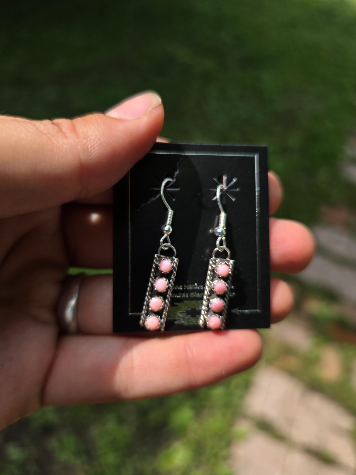 Pink conch earrings. Janice Spencer Zuni handmade ss pink conch earrings, small