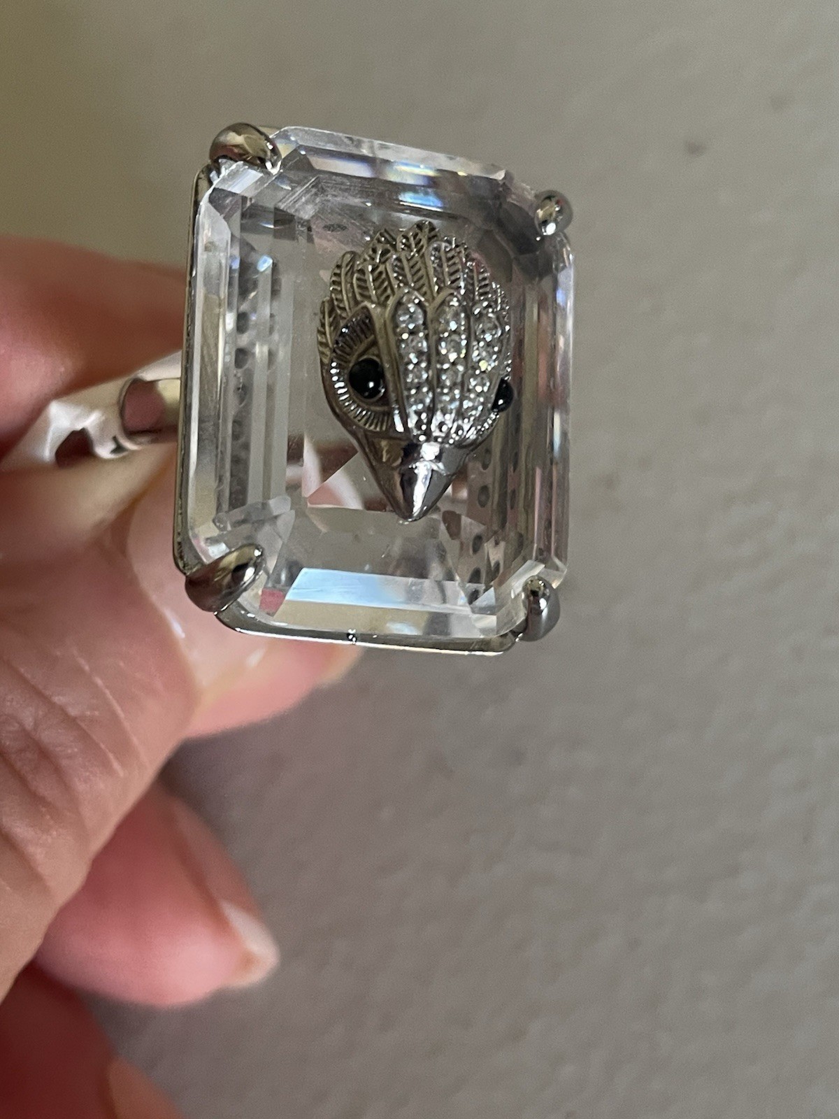 KURT GEIGER LONDON EXTRA LARGE SILVER TONE EMERALD CUT COCKTAIL RING IN CLEAR 8