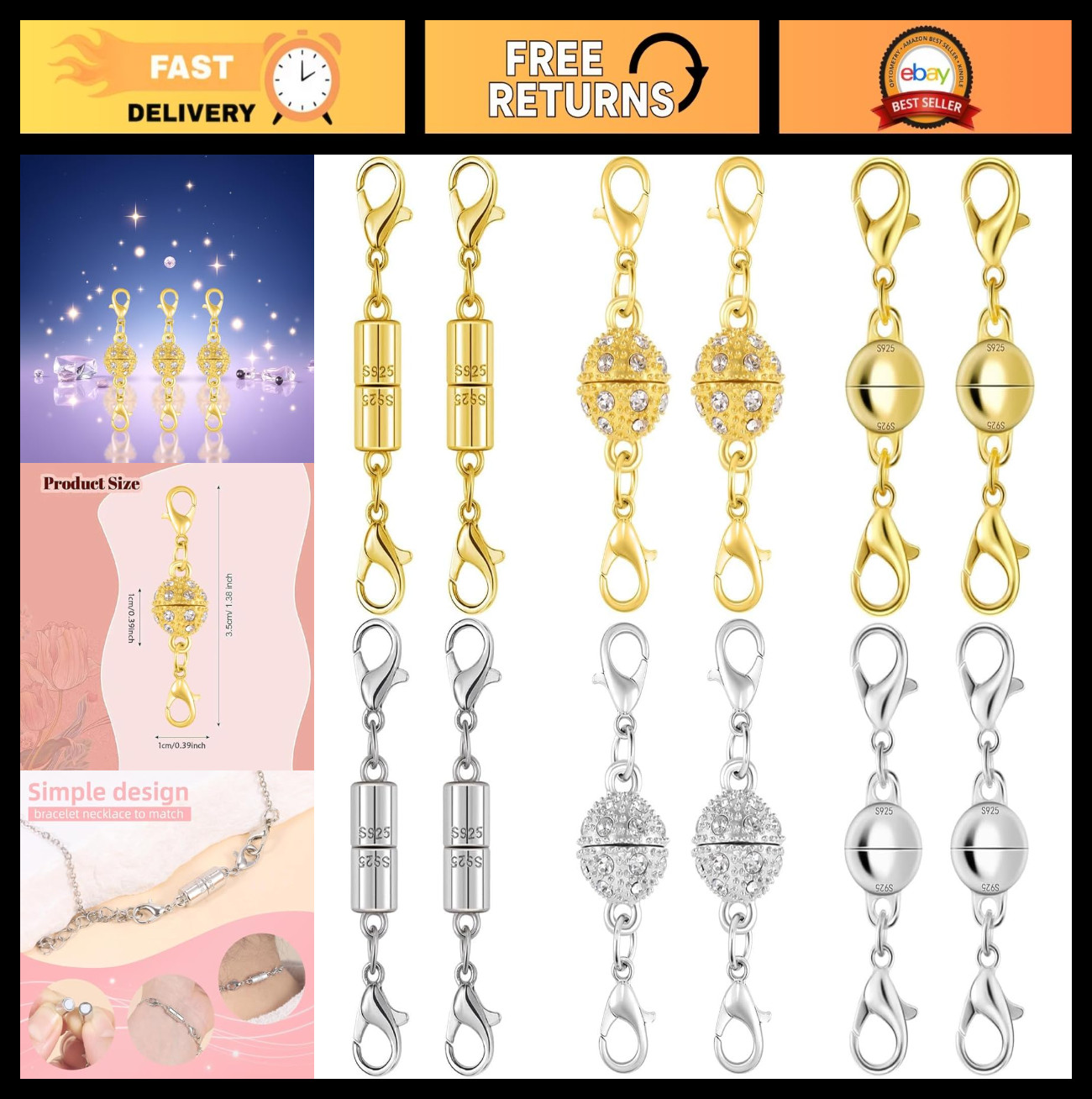 Magnetic Necklace Clasps 18K Gold & Silver, Crystal Rhinestone Connectors, 12pcs