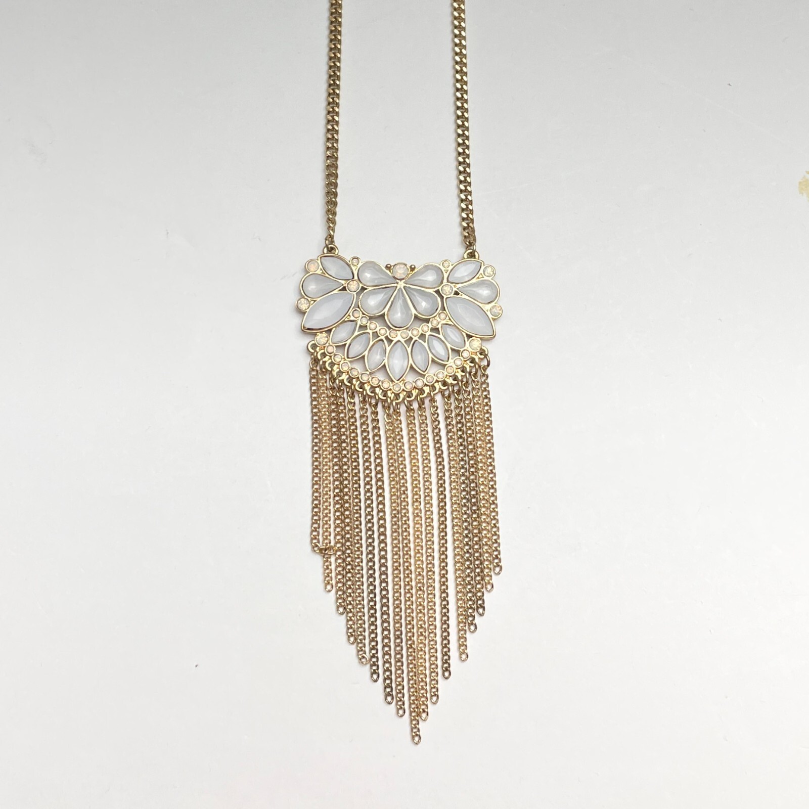 Gold Tone Long Pendant Necklace White Stones Chain Fringe Art Deco MCM