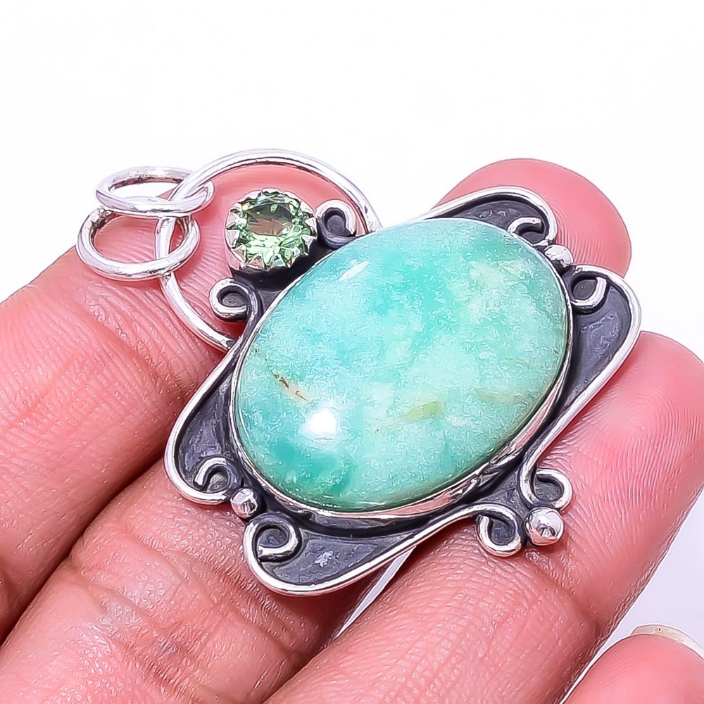 Variscite – Green Turquoise & Green Amethyst 925 Sterling Silver Pendant 1.76″ P