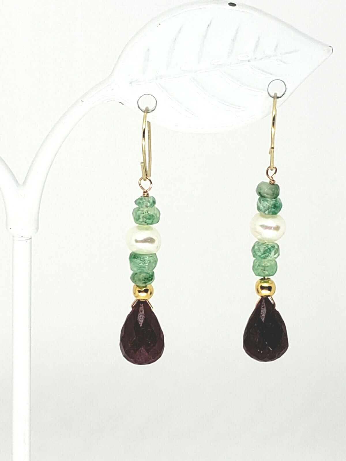 14k Yellow Gold Ruby Briolette, Zambian Emerald and Pearl Drop Dangle Earrings