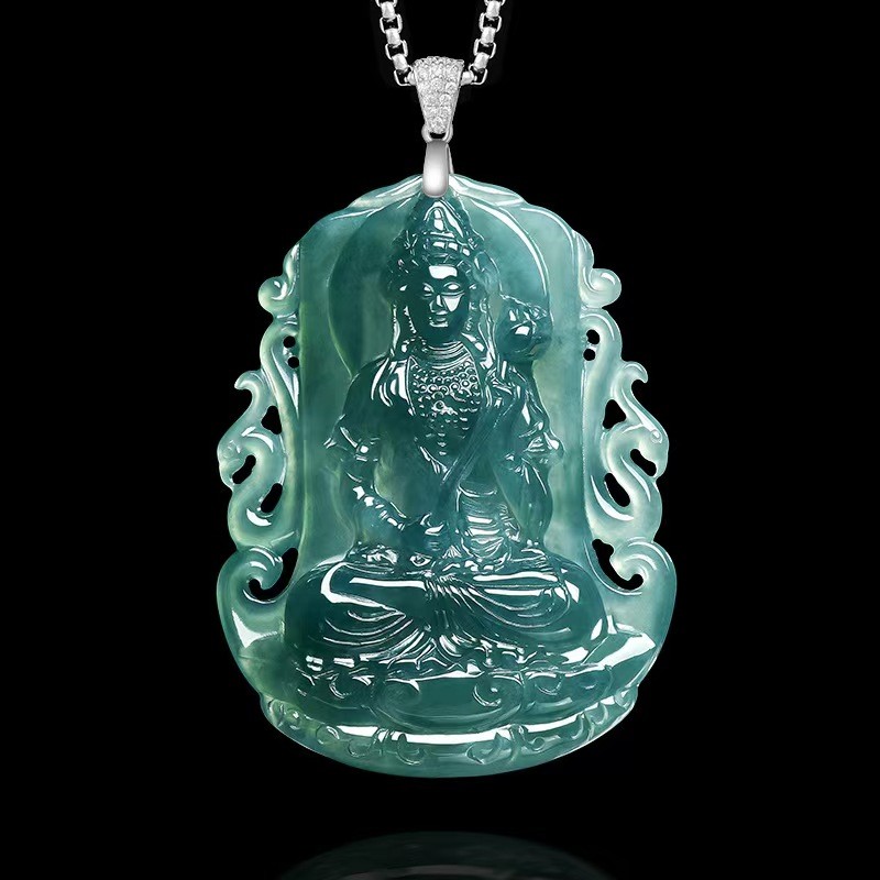 Certified Grade A Jadeite Jade Men Guanyin S925 Siver Clasp Pendant Necklace