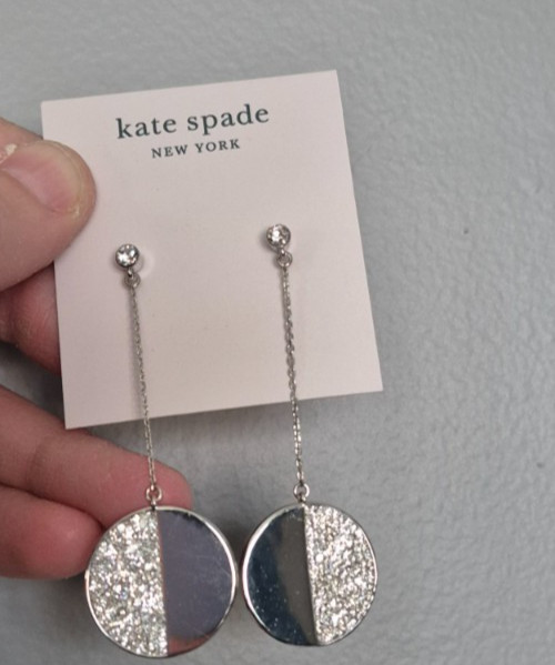 Kate Spade Scallop pave linear Mod round dangle earrings silvertone