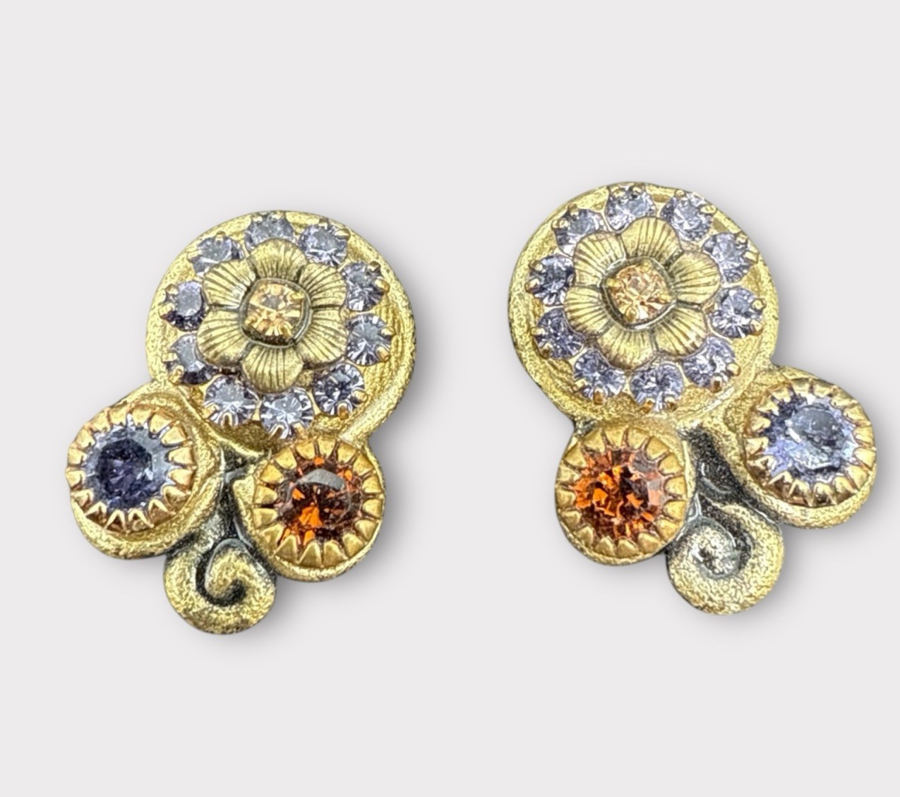 Signed Michal Golan Gold Tone Purple Rhinestone Flower Earrings Clip On C21