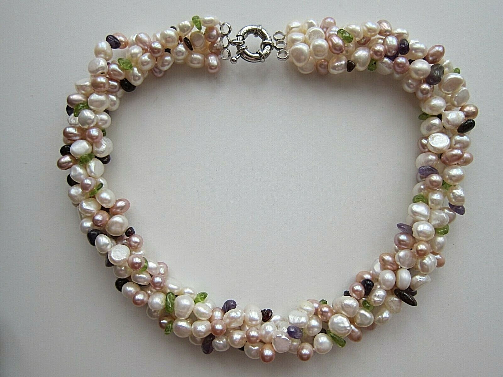 4 Row Multi-colour Baroque F.W. Pearl Necklace w Garnet Amethyst & Prehnite Gems