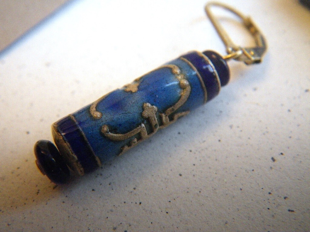 Chinese Longevity Symbol Blue Enamel Sterling Silver Barrel & Bead Earrings