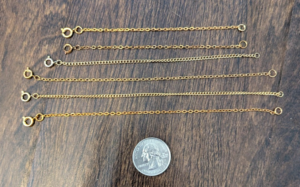 Pack of 6 Gold Necklace Extenders – Varied Lengths – Quarter for Size