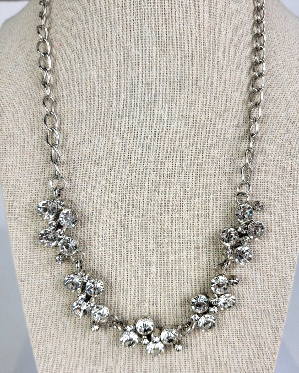 Silver-Tone Clear Crystal Statement Bib Necklace 20.5 in Lobster Clasp