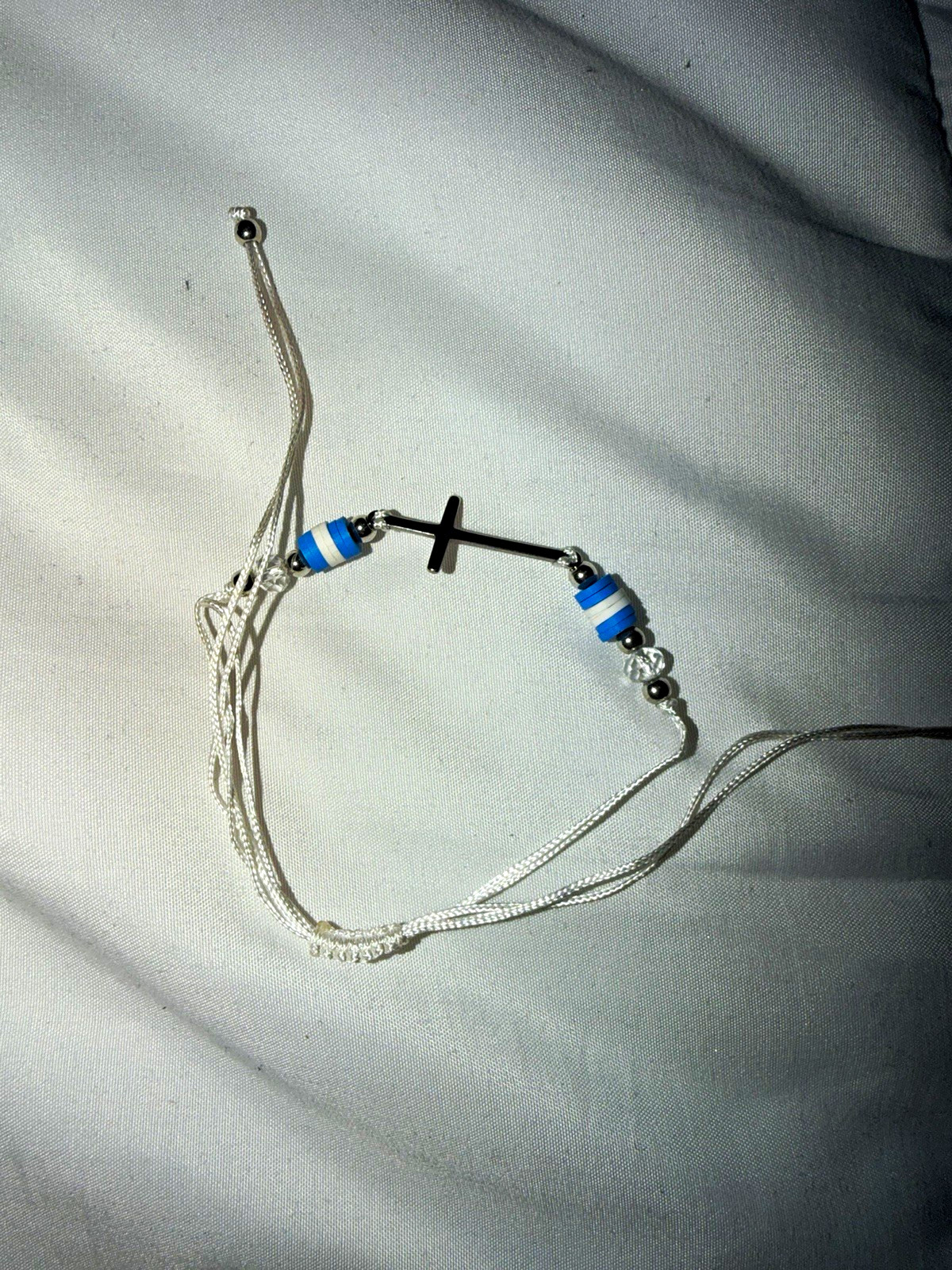 Adjustable Blue & White Bead Cord Bracelet with Silver Cross Charm Guatemala