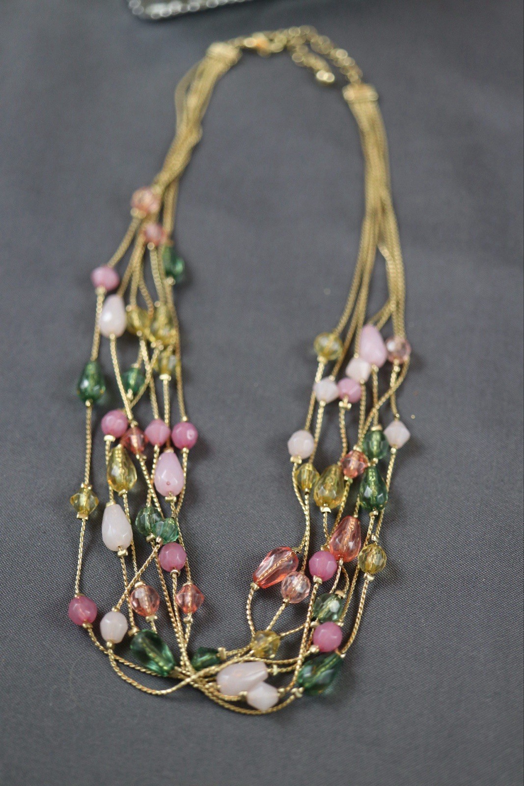 Multi-Strand Gold-Tone Beaded Necklace – Pink, Green & Amber Glass & Stone Beads