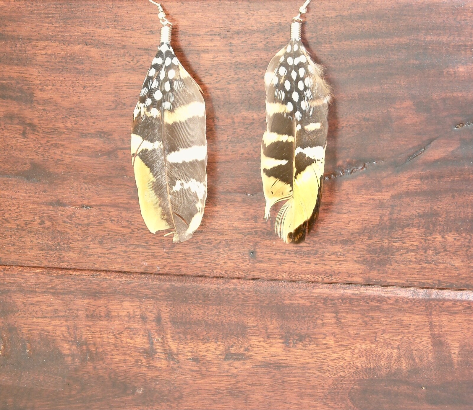 Handcrafted Genuine Real Feather Earrings. Brown, Black, White & Tan.