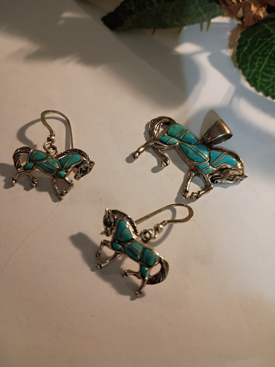 Vintage Mexican 925 Sterling Silver Turquoise Inlay Horse Pendant & Earrings Set