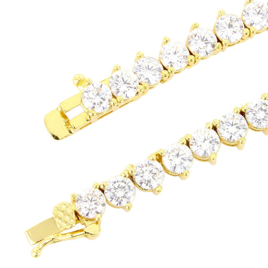 3 Prong Tennis Necklace 14k Gold Plated Cubic Zirconia Bling 4mm Chain/Bracelet