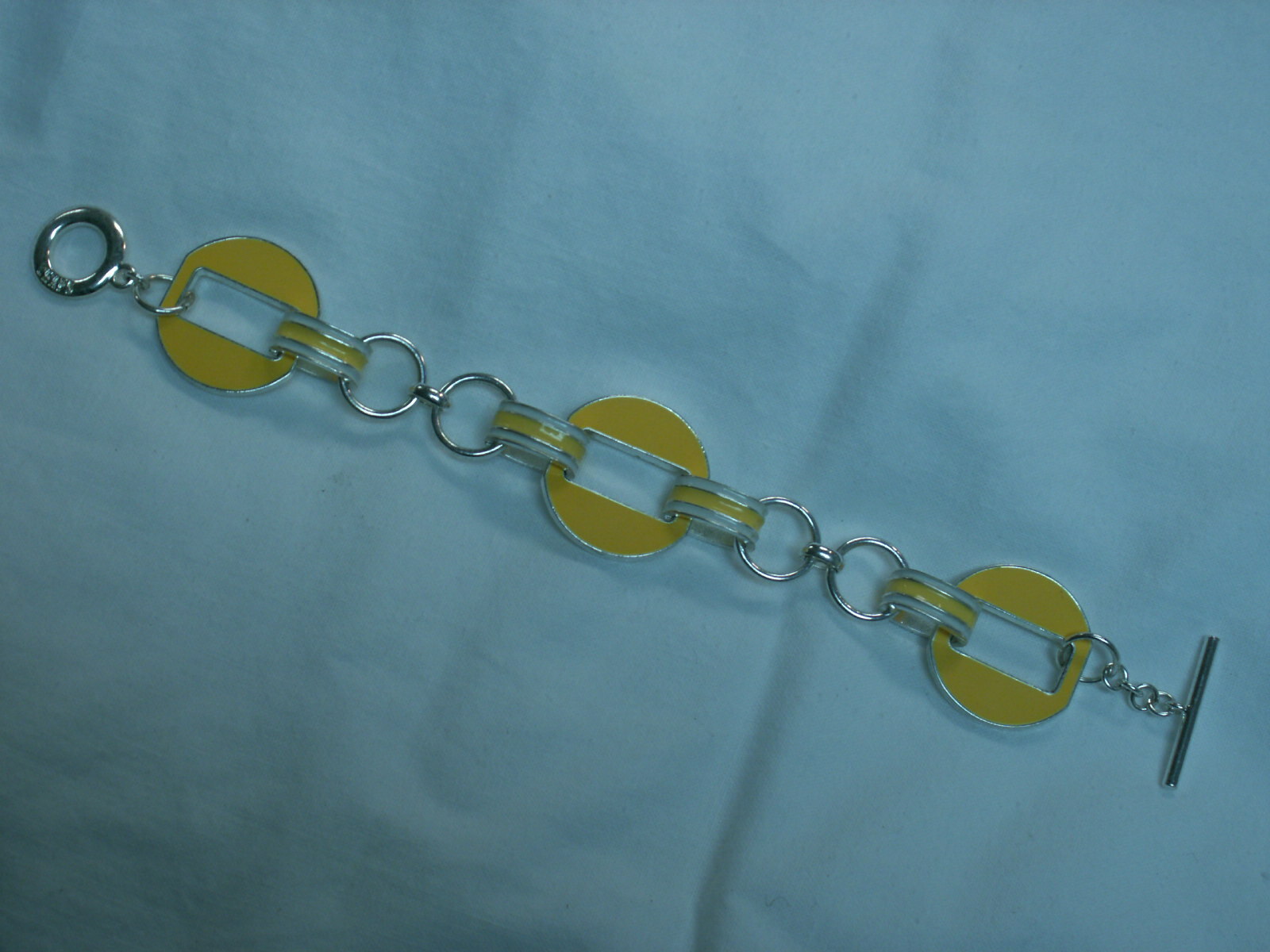 …CHAPS…Silver Tone,Yellow & White Enamel Panels Toggle Bracelet…