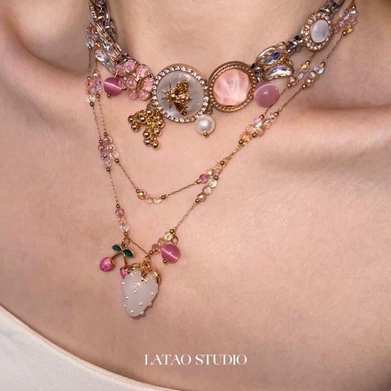 Pink Flower, Cherry, and Strawberry Necklace