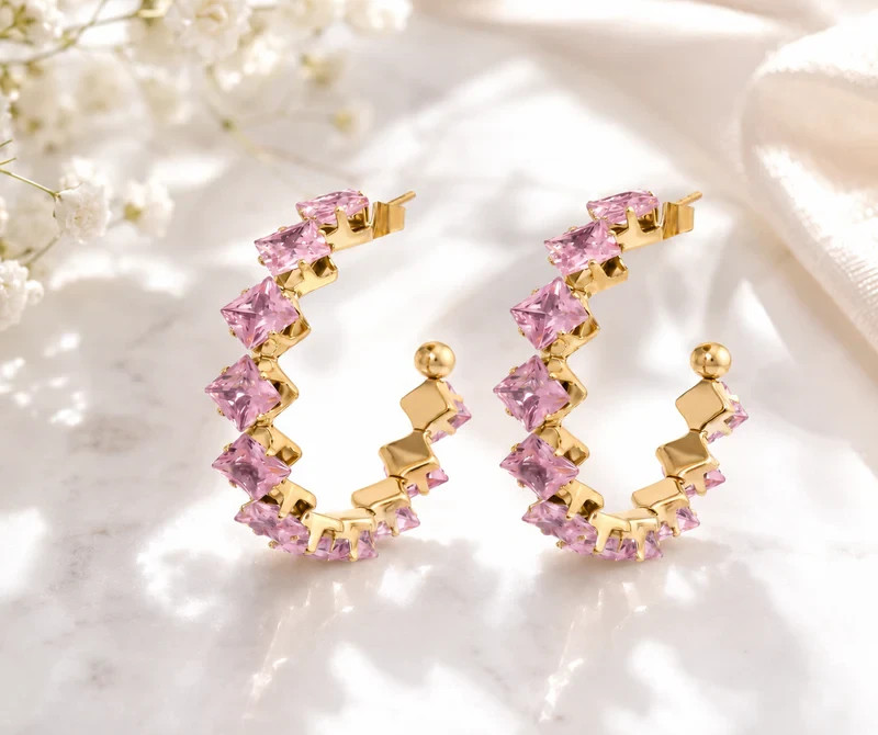 Pink Stone Hoop Earrings 18K Gold Plated Crystal Statement Hypoallergenic