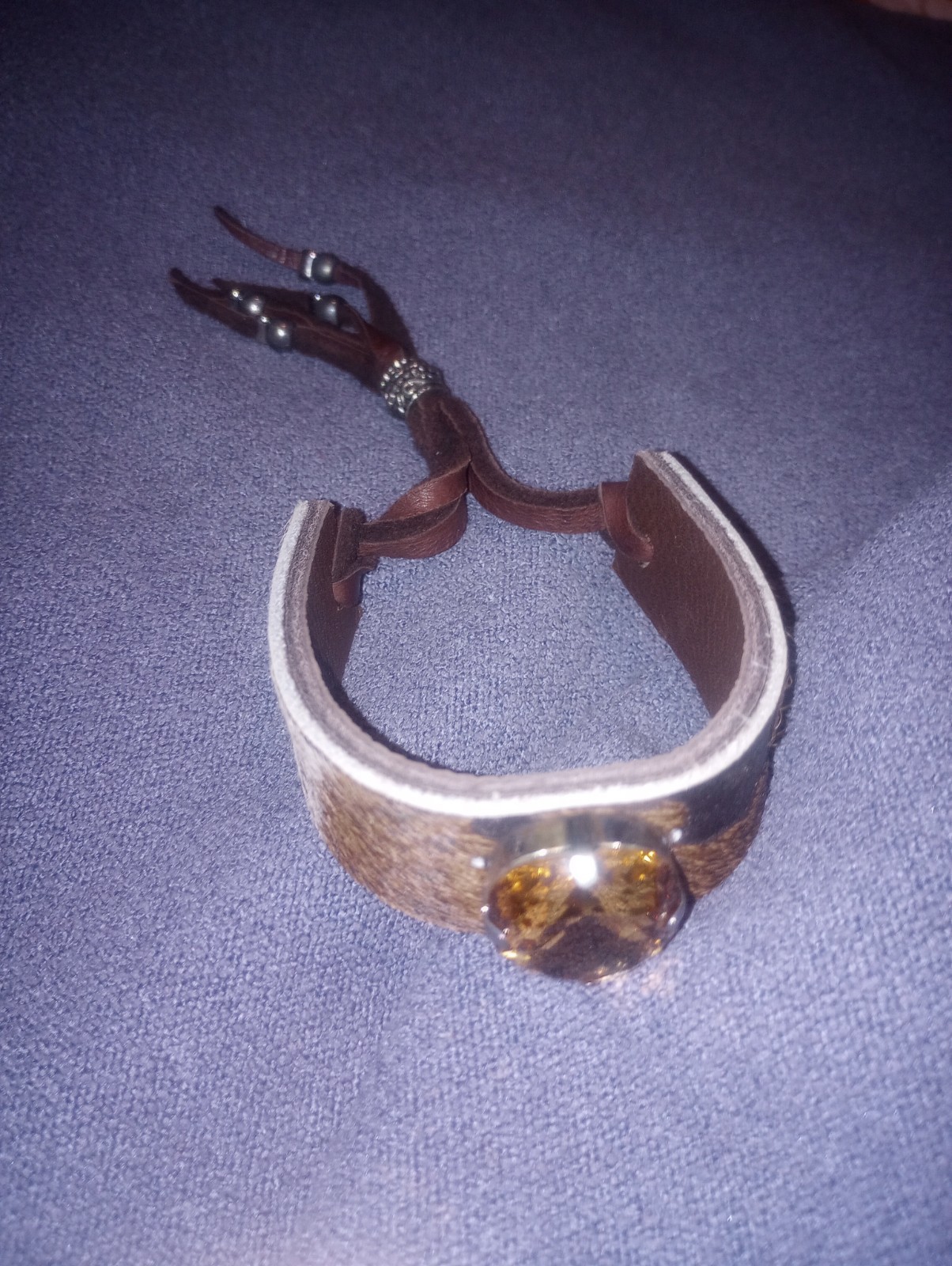 Western Leather Cuff Bracelet Adjustable Tie Cord with Round Brown Stone, Prong