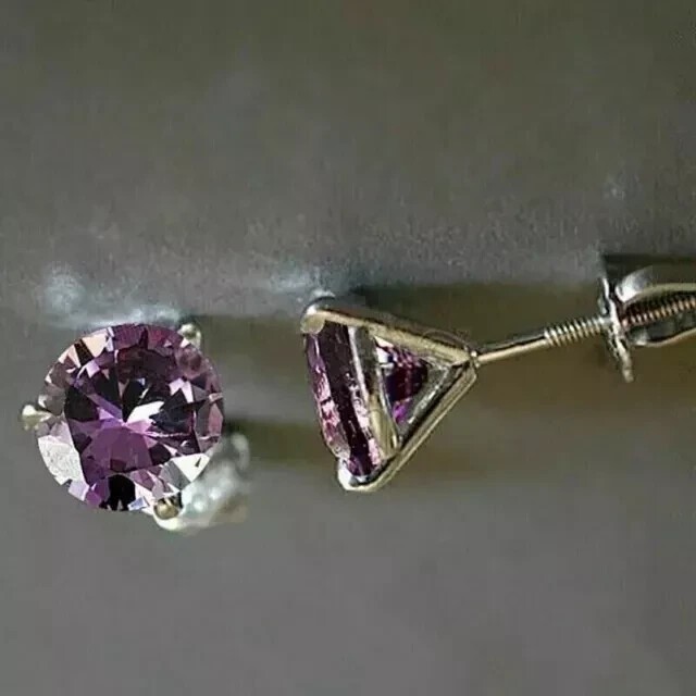 2Ct Round Cut Amethyst Solitaire Screw Back Stud Earrings 14K White Gold Plated