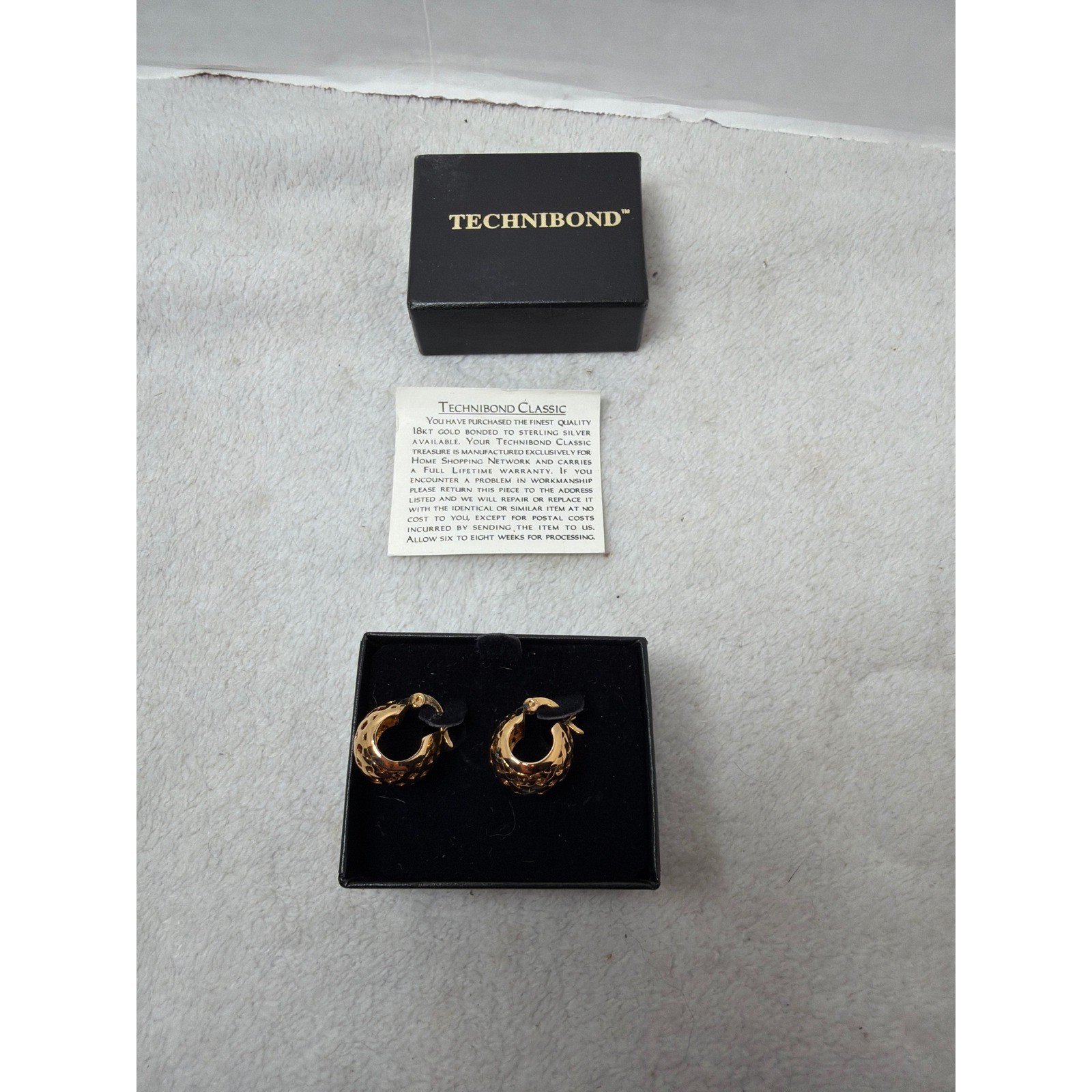 NIB Technibond Hoop Earrings Gold 18kt Gold Bonded Sterling Silver Lattice
