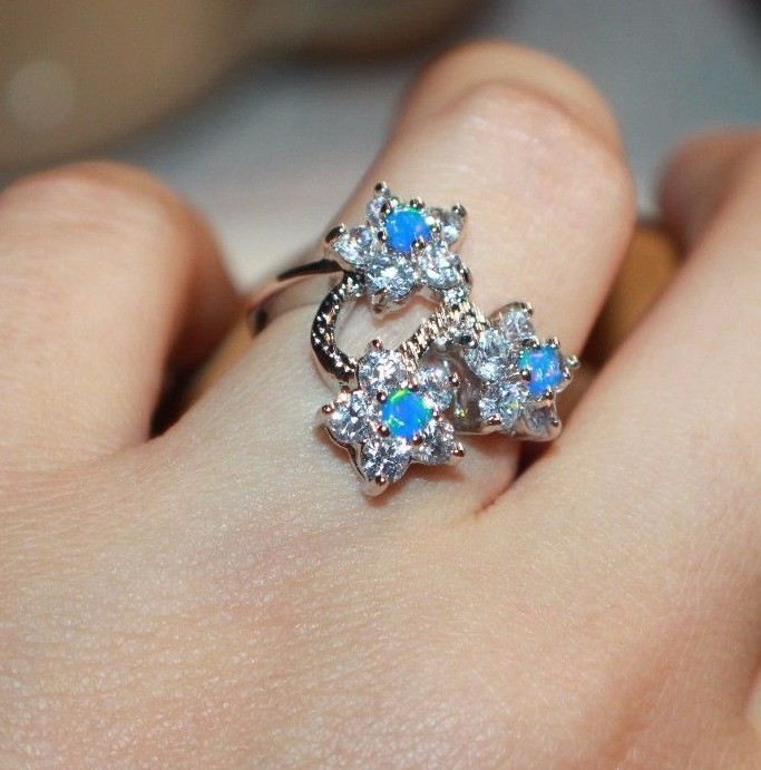 fire opal Cz ring gemstone silver jewelry Sz 6.5 7.5 cocktail engagement flower