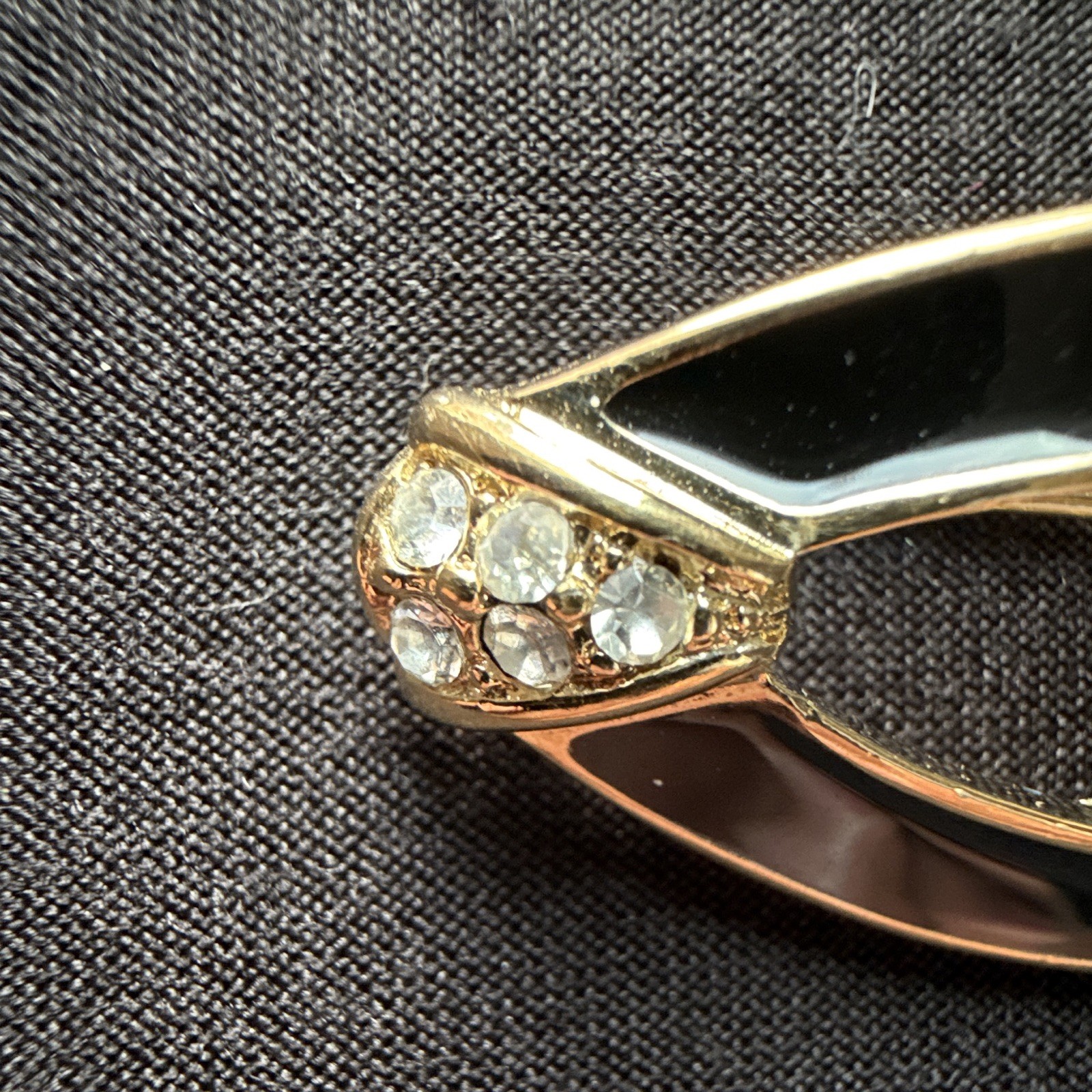 Vintage Trifari Signed Gold Tone Black Enamel Oval Brooch Pin w/ Rhinestones
