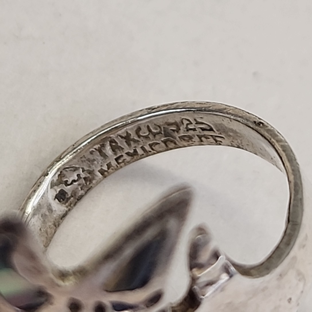 Mexican Abalone Ring 925 Sterling Silver Carved Taxco Chicken Feet Signed 7