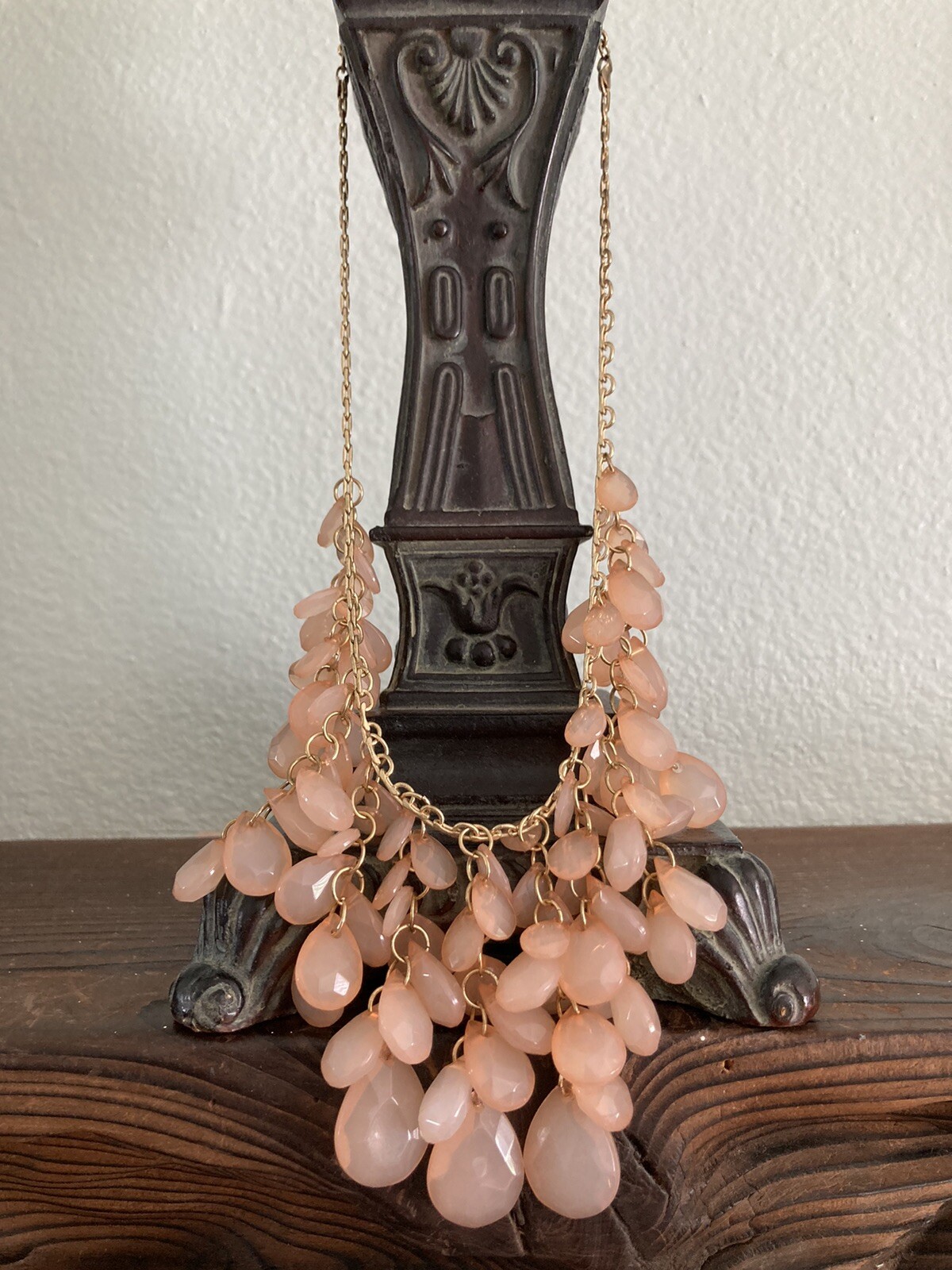 12” Pale Pink Necklace With Polished Cut Pieces Nice Gold Chain Vintage Looking
