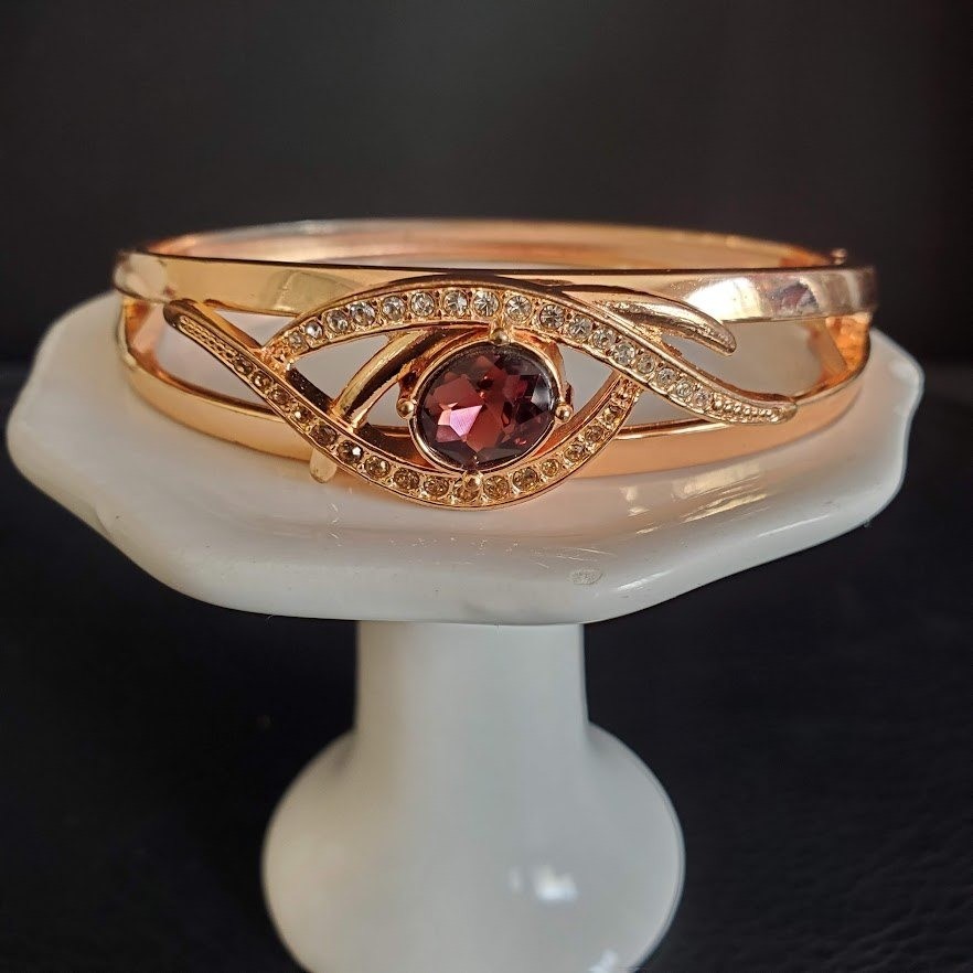 Rose Gold Tone Evil Eye Hinged Bangle Bracelet Purple Stone Rhinestone 7 Inch