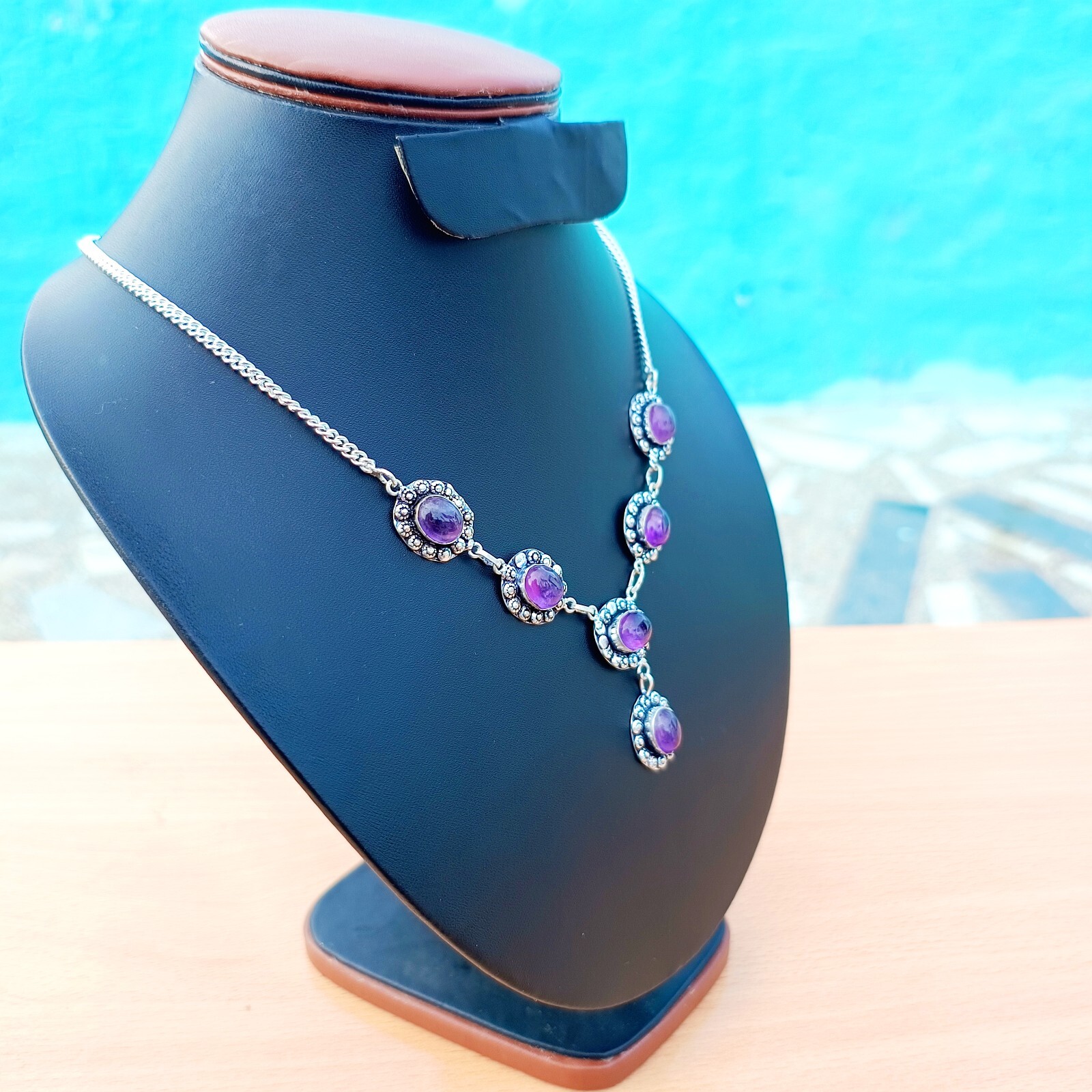 Amethyst Gemstone Necklace 925 Sterling Silver Handmade Birthstone Jewelry 20″